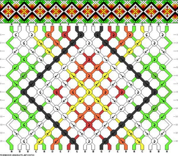 Для бісерних фенечек прямого плетіння візерунок можна розробити на листку зошита в клітинку, зафарбовуючи різними кольорами квадратікі- намистини